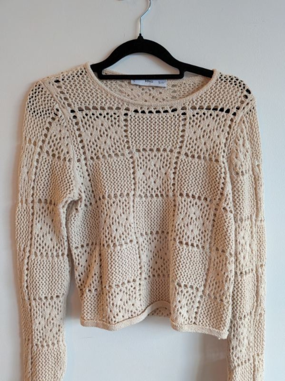 Mango Cream Open-Knit Scoop Neck Sweater